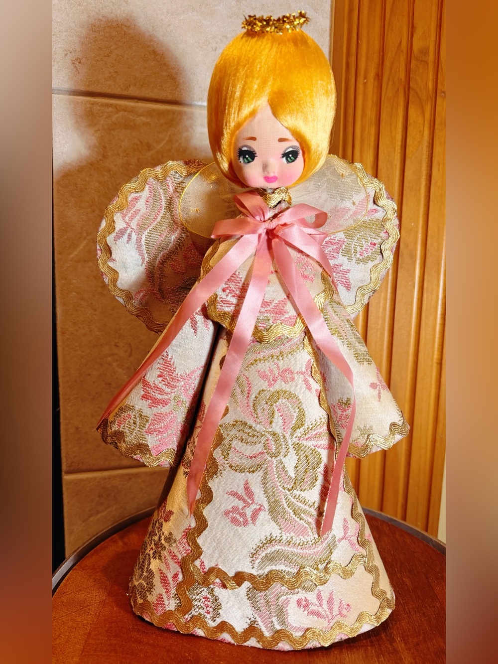 Rare Vintage Angel Doll Christmas Tree Topper Pink Gold Brocade Gorgeous